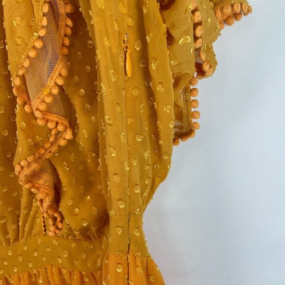 Scotch & Soda Ruffle Sleeve Lace Swiss-Dot Pom Pom Mini Dress Yellow XL - Picture 8 of 10